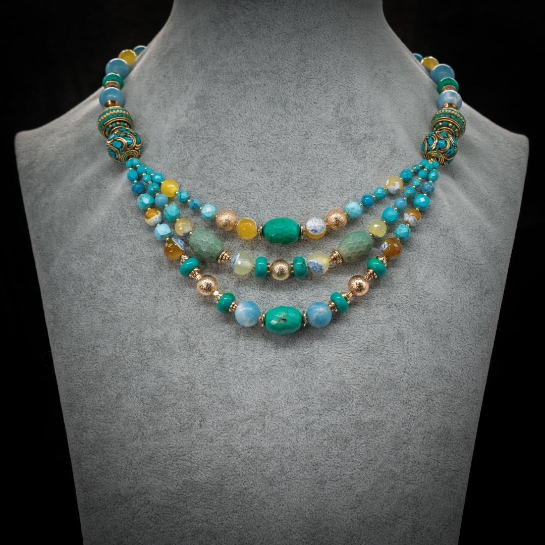 Tidal Mosaic three-strand necklace displayed on a bust
