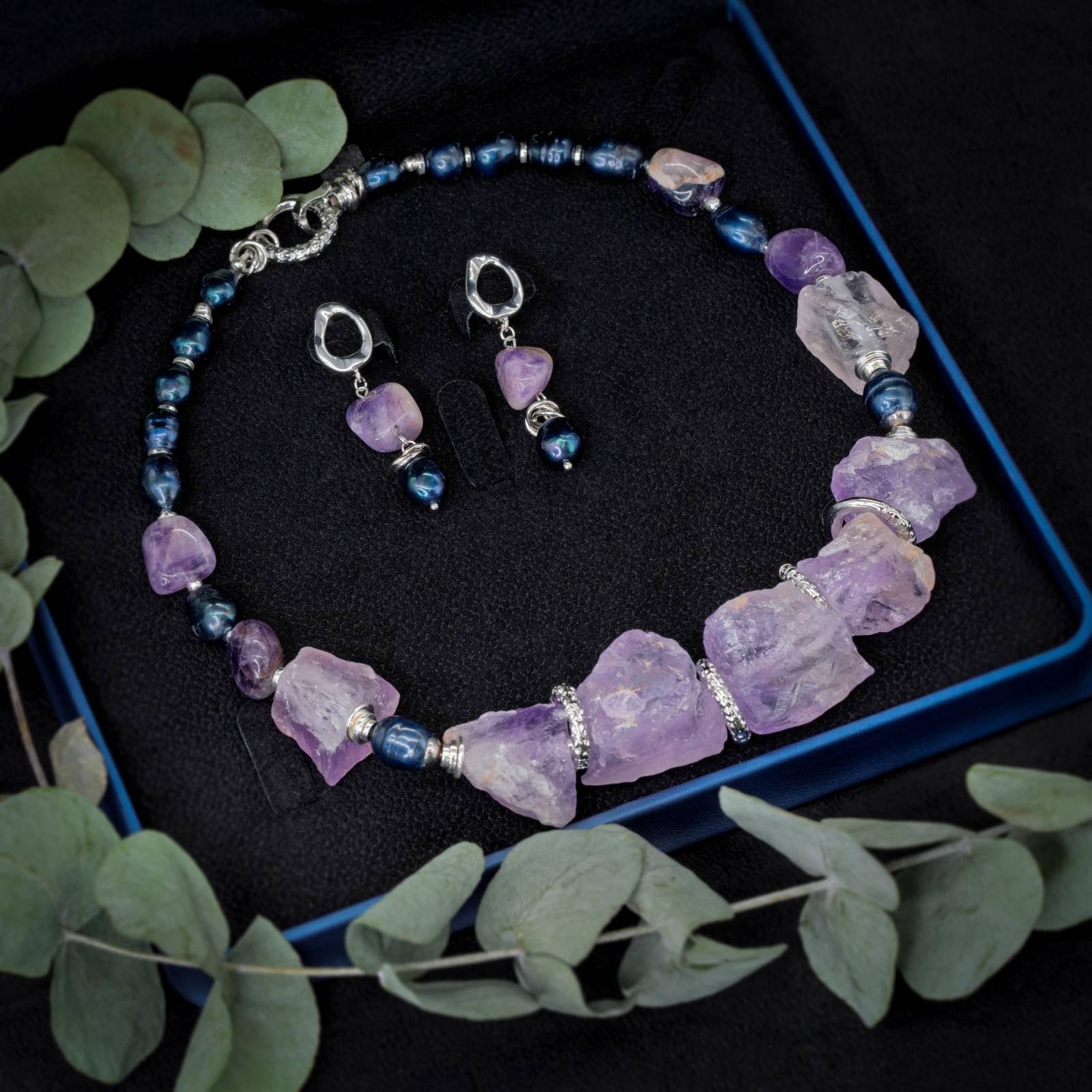 Willow Dusk necklace and earrings arranged together